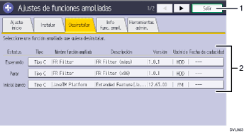 Ilustración con llamadas numeradas de la pantalla del panel de operaciones