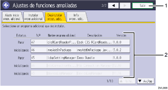 Ilustración con llamadas numeradas de la pantalla del panel de mandos