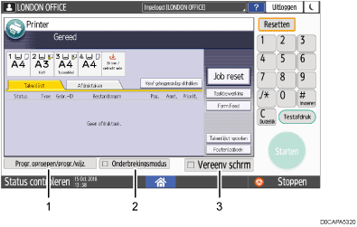 Genummerde afbeelding van het scherm van het bedieningspaneel