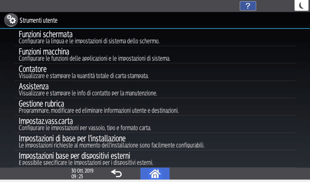 Illustrazione della schermata sul pannello operativo