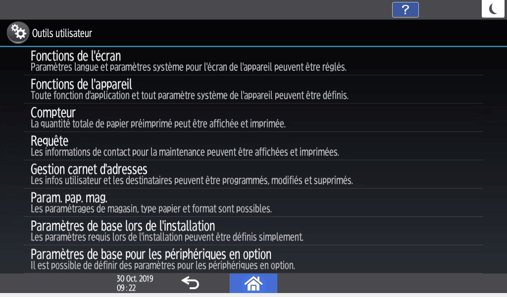 Illustration de l'&eacute;cran du panneau de commande