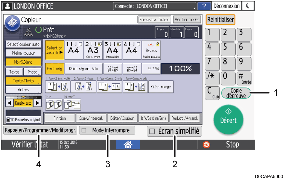 Illustration de l'&eacute;cran du panneau de commande avec l&eacute;gende num&eacute;rot&eacute;e