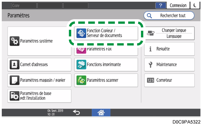 Illustration de l'&eacute;cran du panneau de commande