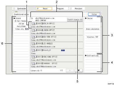 Číslovaná ilustrace ovládacího panelu zařízení