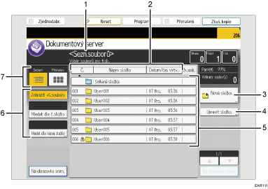 Číslovaná ilustrace ovládacího panelu zařízení