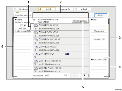 Nummereret illustration af skærmbilledet på betjeningspanelet
