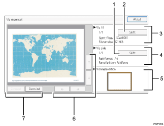 Nummereret illustration af skærmbilledet på betjeningspanelet