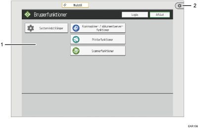 Nummereret illustration af skærmbilledet på betjeningspanelet