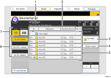 Nummereret illustration af skærmbilledet på betjeningspanelet