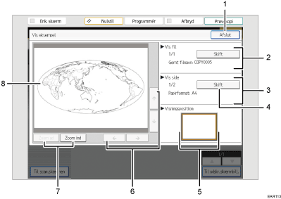 Nummereret illustration af skærmbilledet på betjeningspanelet