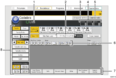 Ilustración con llamadas numeradas de la pantalla del panel de mandos