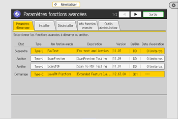 Illustration de l'écran du panneau de commande