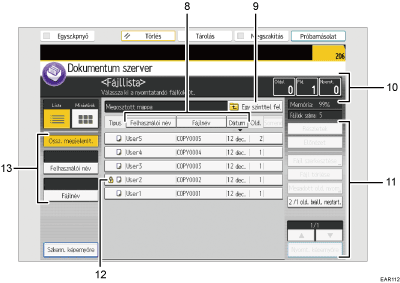 Kezelőpanel képernyőjének számozott jelölésű illusztrálása
