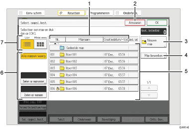 Genummerde afbeelding van het scherm van het bedieningspaneel