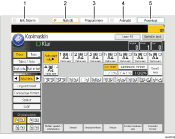 Illustrasjon av betjeningspanelet med nummererte bildetekster