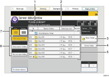 Ilustracja ekranu panela oznaczona numerowanymi odsyłaczami