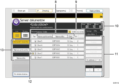 Ilustracja ekranu panela oznaczona numerowanymi odsyłaczami