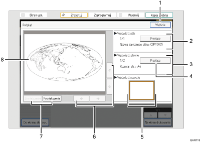 Ilustracja ekranu panela oznaczona numerowanymi odsyłaczami