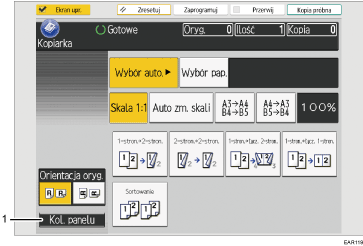 Ilustracja ekranu panela oznaczona numerowanymi odsyłaczami
