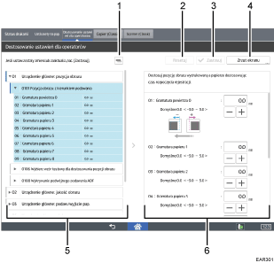 Ilustracja ekranu panela oznaczona numerowanymi odsyłaczami