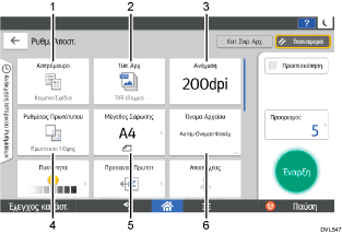 Απεικόνιση της οθόνης του πίνακα χειρισμού με αριθμημένες επεξηγήσεις