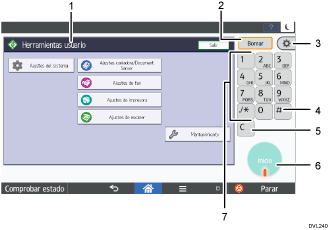 Ilustración con llamadas numeradas de la pantalla del panel de mandos