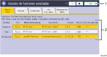 Ilustración con llamadas numeradas de la pantalla del panel de mandos