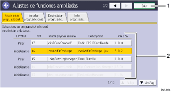 Ilustración con llamadas numeradas de la pantalla del panel de mandos