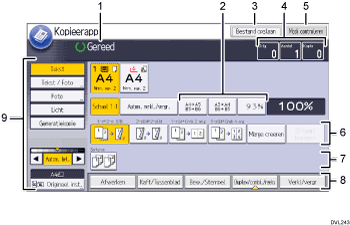 Genummerde afbeelding van het scherm van het bedieningspaneel