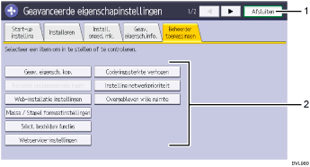 Genummerde afbeelding van het scherm van het bedieningspaneel