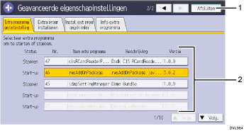 Genummerde afbeelding van het scherm van het bedieningspaneel