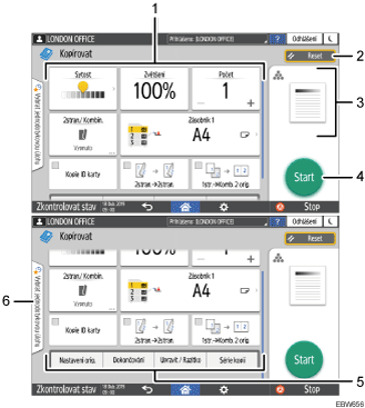 Číslovaná ilustrace ovládacího panelu zařízení