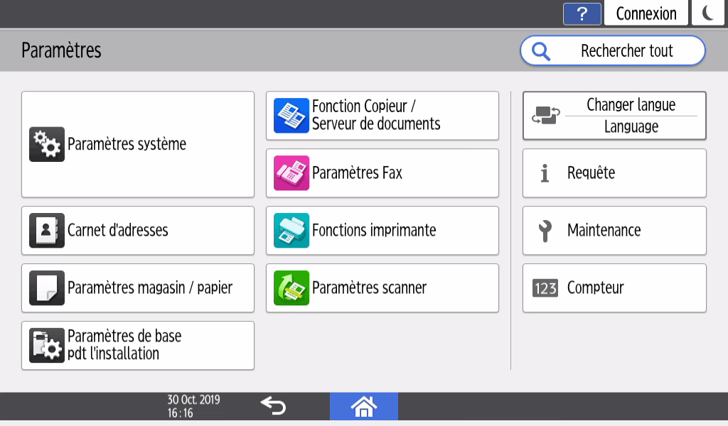 Illustration de l'&eacute;cran du panneau de commande