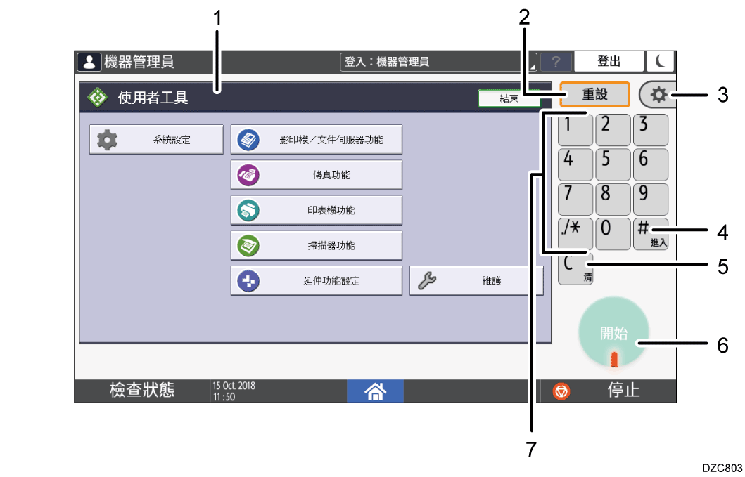 操作面板畫面說明圖編號標註說明圖