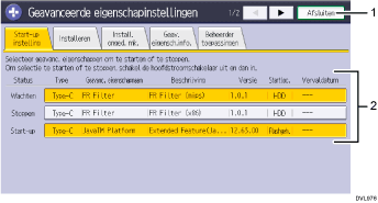 Genummerde afbeelding van het scherm van het bedieningspaneel