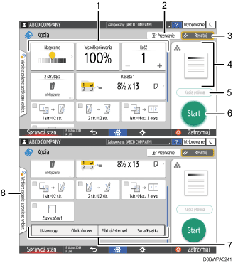 Ilustracja ekranu panela oznaczona numerowanymi odsyłaczami