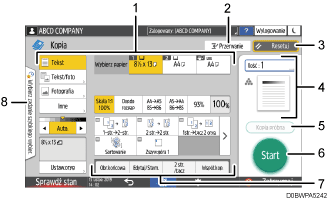 Ilustracja ekranu panela oznaczona numerowanymi odsyłaczami
