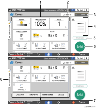 İşletim paneli ekran gösterimi numaralandırılmış açıklamalı görsel