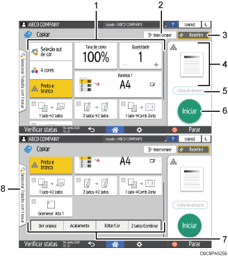 Ilustração numerada da tela do painel de operação