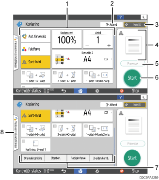 Nummereret illustration af skærmbilledet på betjeningspanelet