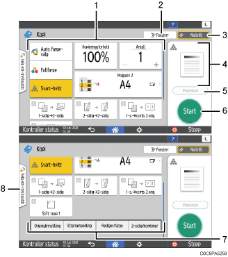 Illustrasjon av betjeningspanelet med nummererte bildetekster
