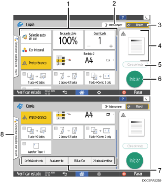 Ilustração com numeração do ecrã do painel de operação
